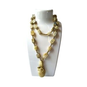 Vintage Egyptian Cream Beaded Scarab Beetle Pendant Gold-Tone Necklace